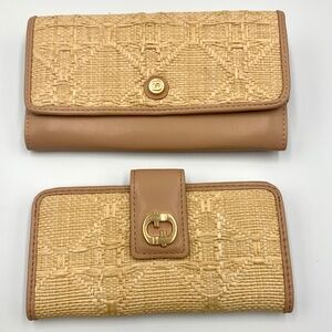 Boho summer straw woven slim tab & clutch wallet duo tan/brown gold-tone accent